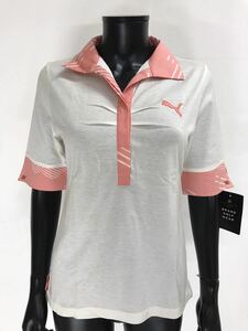 【USED】PUMA プーマ 綿 半袖 シャツ ロゴ刺繍 アイボリー ピンク レディース 0 ゴルフウェア