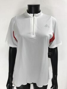 【USED】adidas アディダス ポリエステル ハーフジップ ハイネック 半袖 シャツ CLIMALITE ホワイト 白 レディース L ゴルフウェア