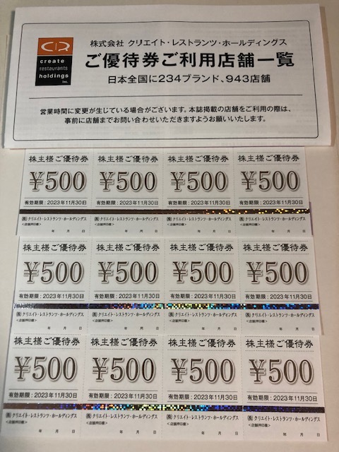 高価値セリー クリエイトレストランツ株主優待券6,000円分 500円×12枚