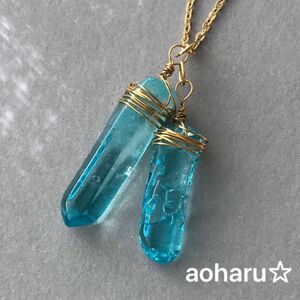 2連 ブルークリスタル 氷柱 ロング ネックレス ハンドメイド 水晶 クォーツ