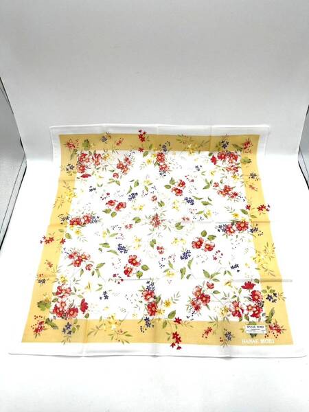 【シール付き未使用品】HANAE MORI ハナエ モリ ハンカチ スカーフ 花 フラワー ホワイト×イエロー系 48×48 コットン