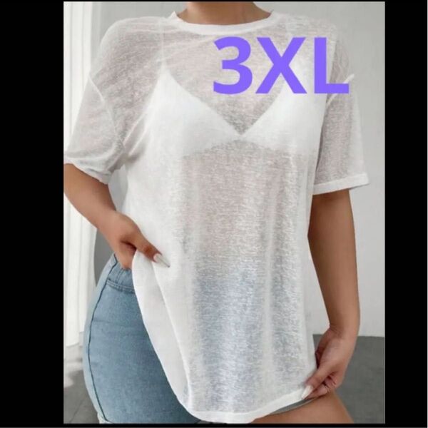 新品 レディース シアーTシャツ 半袖 ホワイト 3XL 大きめ プラスサイズ 大きいサイズ オーバーサイズ 4L トップス