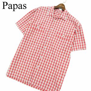 Papas パパス 春夏 ゆったり♪ ロゴ刺繍 半袖 チェック シャツ Sz.L　メンズ　A3T07814_7#A