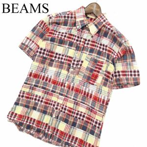 BEAMS ビームス 春夏 パッチワーク★ 半袖 ボタンダウン チェック シャツ Sz.S　メンズ　A3T07736_6#A