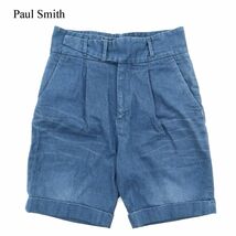 Paul Smith ポールスミス 春夏 メインライン★ USED加工 タック デニム ショート パンツ ジーンズ Sz.M　メンズ 日本製　A3B03481_7#P_画像1