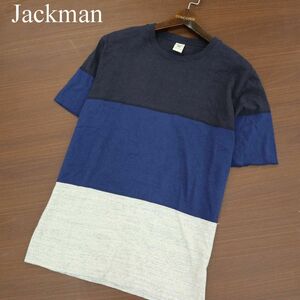 Jackman ジャックマン タナベメリヤス 2seam Border T shirts★ コットン シルク パネル ボーダー Tシャツ Sz.L　メンズ 紺　A3T08784_7#D