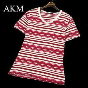 AKM エイケイエム ORIGINAL ETHNIC BORDER S/S V-NECK T 半袖 エスニック ボーダー カットソー Tシャツ Sz.M　メンズ 日本製　A3T08786_7#D