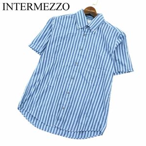 INTERMEZZO インターメッツォ レナウン 春夏 麻 リネン混★ ストライプ 総柄 半袖 ボタンダウン シャツ Sz.L　メンズ　A3T08894_7#A