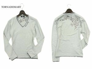 TORNADOMART トルネードマート タトゥー刺繍★ レイヤード風 ラインストーン 長袖 カットソー Tシャツ Sz.S～M位　メンズ 灰　A3T08477_7#F