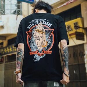 和柄 和風 バックプリント メンズ 半袖 Tシャツ 韓国 ストリート ブラック　M