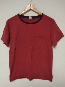 カルクルー ポケットTシャツ 半袖 マイクロボーダー クルーネック コットン 綿 アメリカ製 s/s Cal Cru 赤黒