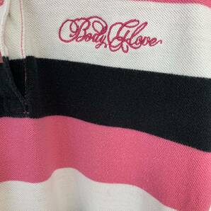 【USED】BODY GLOVE ボディーグローブ 半袖 ポロシャツ レディースLサイズ 白/黒/ピンク ボーダー柄 作業着 ロゴ刺繍の画像6