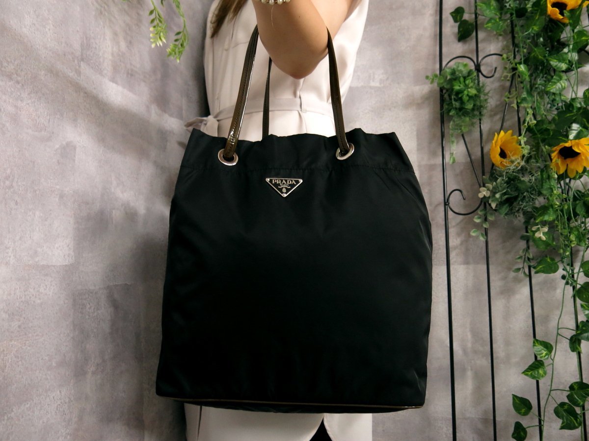 ◇PRADA/プラダ ナイロン×レザー ロゴ金具 肩掛け ショルダー トート