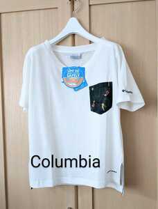 タグ付 Columbia レディースM コロンビア インコ柄 ポケット付 Vネック 半袖 トレッキング Tシャツ ストレッチUVカット 白 未使用 新品