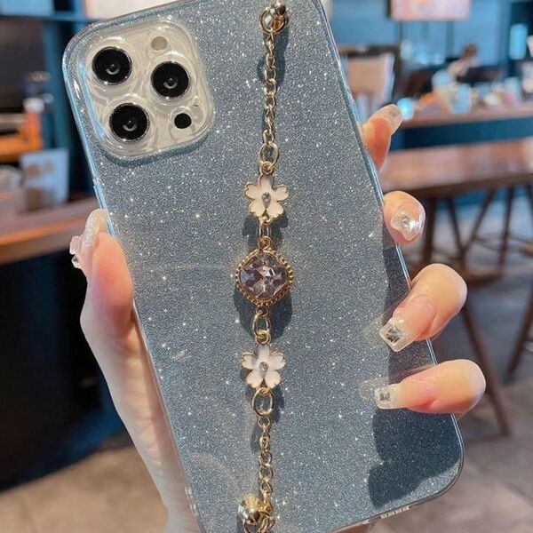 iPhone13Pro ケース キラキラ ブルー 青 ハンドルストラップ付き スマホケース