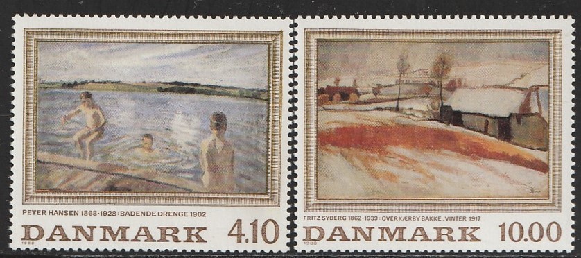 Danemark 1988#863-Peintures, Jeu d'eau, et Beau paysage 2 inachevé 9, 75 $, antique, collection, timbre, Carte postale, L'Europe 