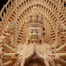 仏教美術 精密彫刻 仏像 手彫り 八角台座 桧木製 千手観音菩薩 高さ約43ｃｍ_画像4