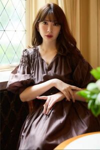 Herlipto Airy Volume Sleeve Dress espresso シフォンパフ ロングワンピース ブラウン