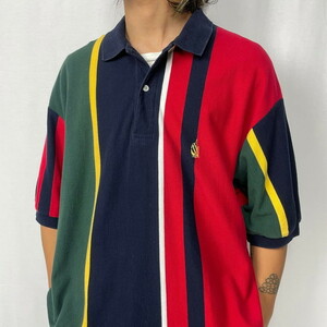 90年代 NAUTICA ノーティカ ゴルフ ワンポイント刺繍 ボーダー ポロシャツ メンズXL