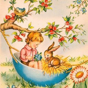 ビンテージポストカード(6)Q73◆ヒヨコ 女の子 子供 少女 うさぎ エッグ 小鳥 イタリア フランス ドイツ イギリス