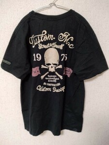 VANSON TFOA 刺繍　Tシャツ　メンズ　L 半袖 ドクロ　骸骨　スカル　ブラック　黒　コットン　クルーネック　バイカー　アメカジ　