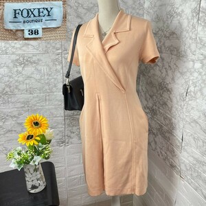 フォクシー ブティック FOXEY BOUTIQUE レディース 襟付き半袖ワンピース 38 S程度 サーモンピンク ひざ丈 綿混 カジュアル ドレス 古着