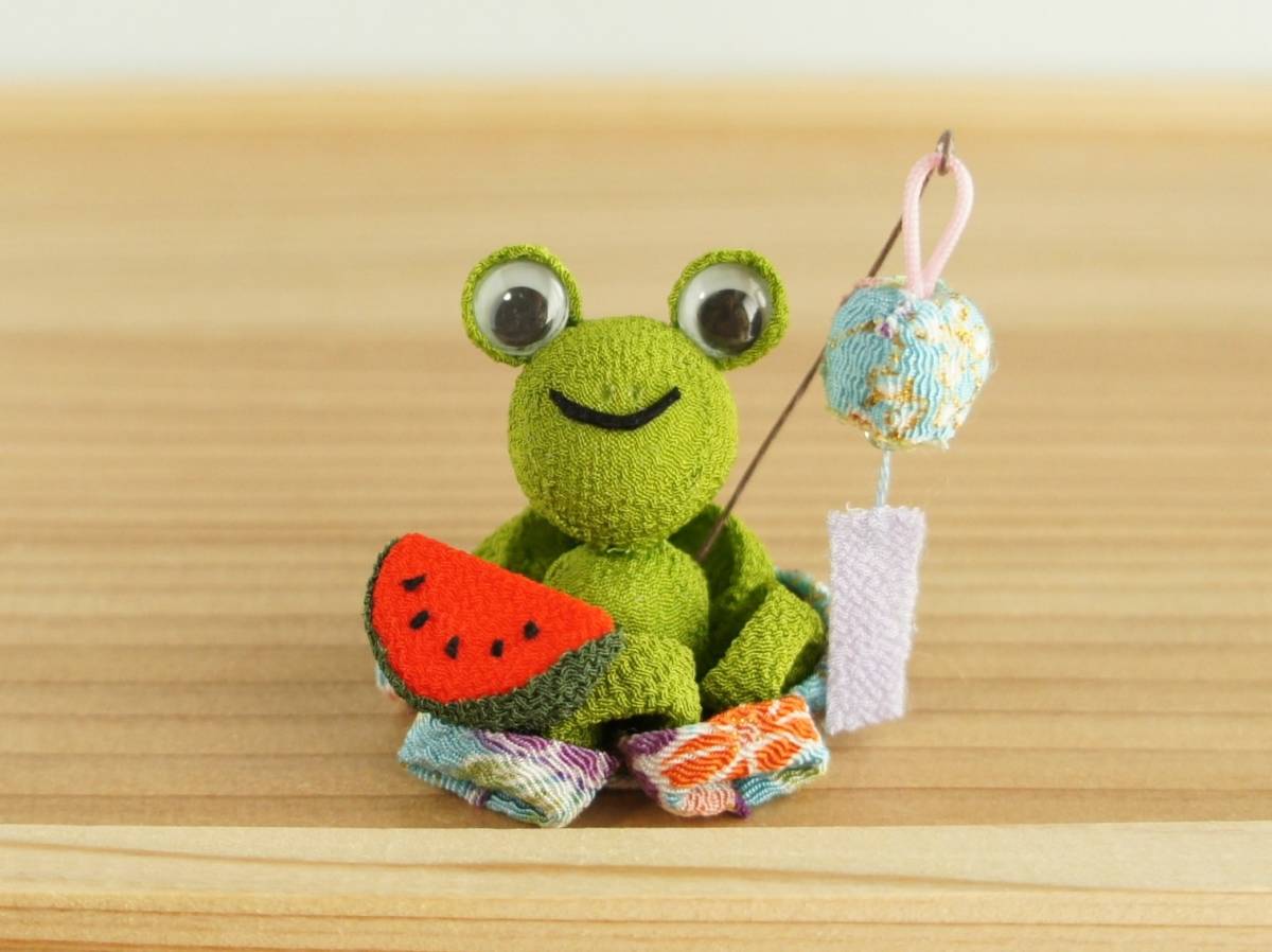 ♪ Handmade Crepe Crafts Tsumami Crafts Frog Watermelon Wind Chime Ichikoshi Crepe Crepe Gold Painting, sewing, embroidery, Finished product, others
