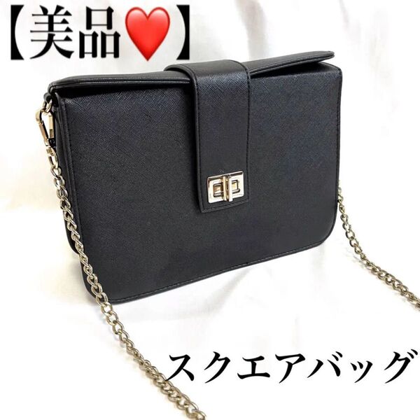 【極美品】スクエア ショルダーバッグ ハンドバッグ ミニバッグ ポシェット 2way ヒネリ ブラック おしゃれ 可愛い レザー