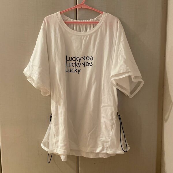 ホワイトチュールTシャツ　ドロスト　ロゴ　オリジナル　セレクトアイテム　美品　切り替えチュール