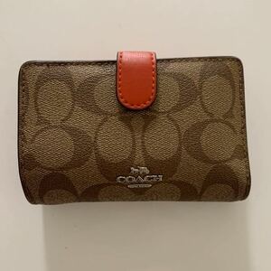  ★COACH コーチ二つ折り財布 シグネチャー オレンジUSED★