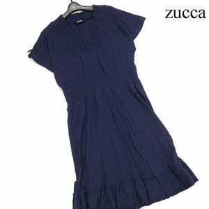 zucca ズッカ 春夏 リネン混♪ 半袖 ギャザー入り ストレッチ Vネック ワンピース Sz.M　レディース ネイビー 日本製　D3T01320_6#D