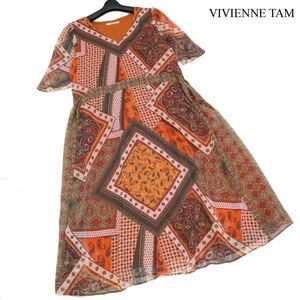 VIVIENNE TAM ヴィヴィアンタム 絨毯 切替風 総柄デザイン♪ 半袖 ロング ワンピース ドレス Sz.40　レディース 日本製　K3T00018_7#D