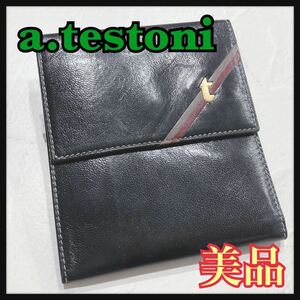 ☆美品☆ a.testoni ア.テストーニ 財布 折り財布 ブラック 黒 レザー 本革 コンパクト メンズ 男性 紳士 送料無料