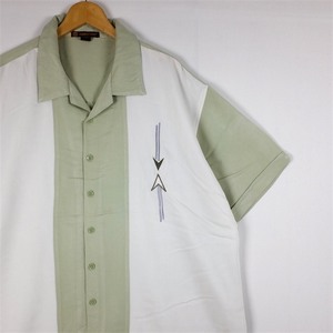 HARRITON オープンカラー半袖スイッチングシャツ レーヨン混紡 アロー刺繍 メンズUS-2XLサイズ ピスタチオグリーン クリーム sh-4135n