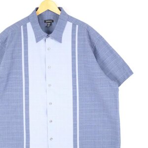 古着 大きいサイズ VAN HEUSEN 半袖ツートーンシャツ ラインシャツ メンズUS-2XLサイズ ネイビー×ライトブルー系 tn-1833n