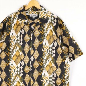 古着 大きいサイズ STACY ADAMS リネン混紡 エスニック柄 半袖オープンカラーシャツ メンズUS-2XLサイズ 総柄 ベージュ系 tn-1850n