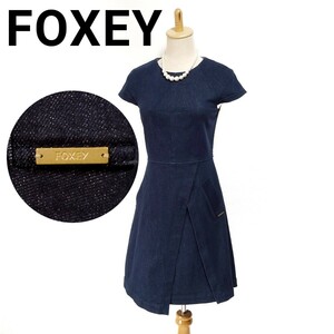 美品 FOXEY NEW YORK フォクシー デニムワンピース ドレス 巻きスカート ロゴプレート フレンチスリーブ ひざ丈 レディース 38 S