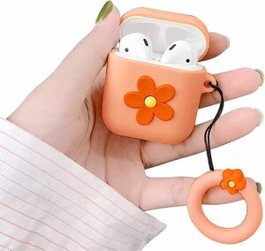 Ownest AirPodsケース かわいい漫画の花柄 ソフトシリコン耐衝撃キーチェーンAirpods 1 & 2用 - オレンジ