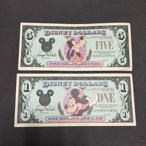 0720A　ディズニードラー DISNEY　DOLLARS 1ドル/5ドル 　ミッキマウス　グーフィー 2枚セット 希少　レア