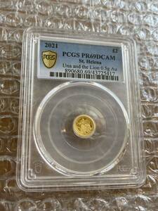 PCGS最高鑑定PR69 ウナとライオン 2021年 イギリス領セントヘレナ造幣局 £2 1/2g 金貨 ゴールド プルーフコイン 0.5g Una Lion gold coin
