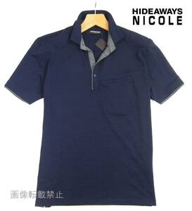 新品 ニコル　半袖 スキッパー ポロシャツ　52/XXL　紺 ネイビー　衿ワイヤー ストレッチ 袖裏/市松柄　HIDEAWAYS NICOLE