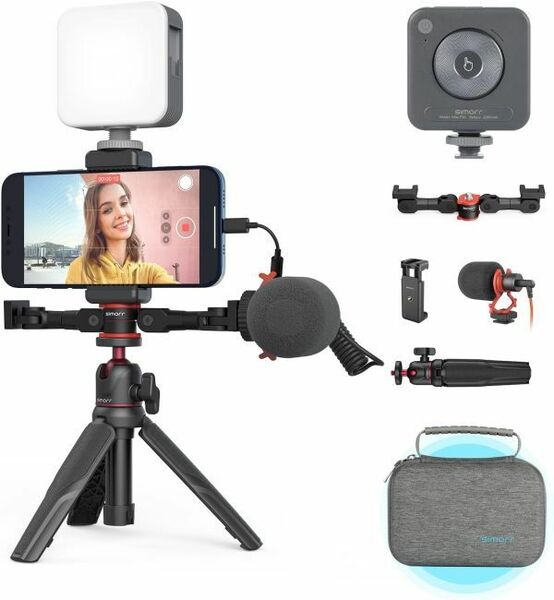 スマホでvlog SmallRig simorr マイク LEDライト 三脚付 伸縮自撮り棒 ユニバーサルスマホホルダ 360° 撮影キットVK-50 コールドブーツ