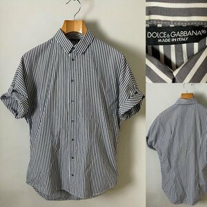 *[ free shipping USED goods ] domestic regular goods Italy made DOLCE&GABBANA Dolce & Gabbana cotton 100% short sleeves stripe pattern shirt 40 gray series 