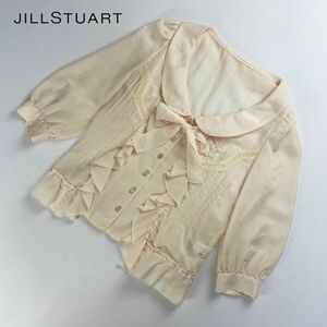 美品 JILL STUART ジルスチュアート リボン 部分レース 丸襟七分袖ブラウスシャツ ストライプ レディース トップス ベージュ サイズS*EC374