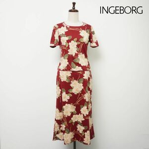 美品 INGEBORG インゲボルグ 上下セットアップ 花柄 半袖ブラウスカットソー ロングスカート レディース 赤 レッド サイズM*EC393