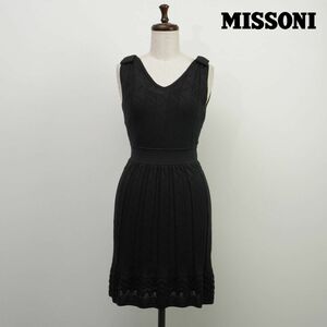 美品 MISSONI ミッソーニ 模様 肩リボン ノースリーブニットワンピース 膝丈 裏地あり レディース 黒 ブラック サイズ38*FC9