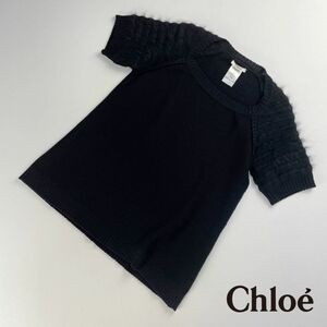 美品 Chloe クロエ アンゴラ混 ウール 袖切替 半袖ニットセーター レディース トップス 黒 ブラック サイズS*FC73