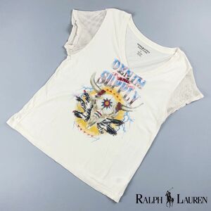 美品 Denim & Supply Ralph Lauren ラルフローレン 袖メッシュ Vネック プリントTシャツ トップス レディース 白 ホワイト サイズS*FC130