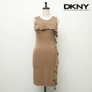 美品 DKNY ダナキャランニューヨーク デザインフリル ノースリーブタイトワンピース 膝丈 裏地なし レディース ベージュ サイズS*FC181