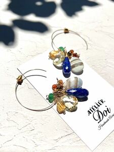 Art hand Auction MIXストーンのフープピアス 天然石 k14gf, ハンドメイド, アクセサリー(女性用), イヤリング, ピアス